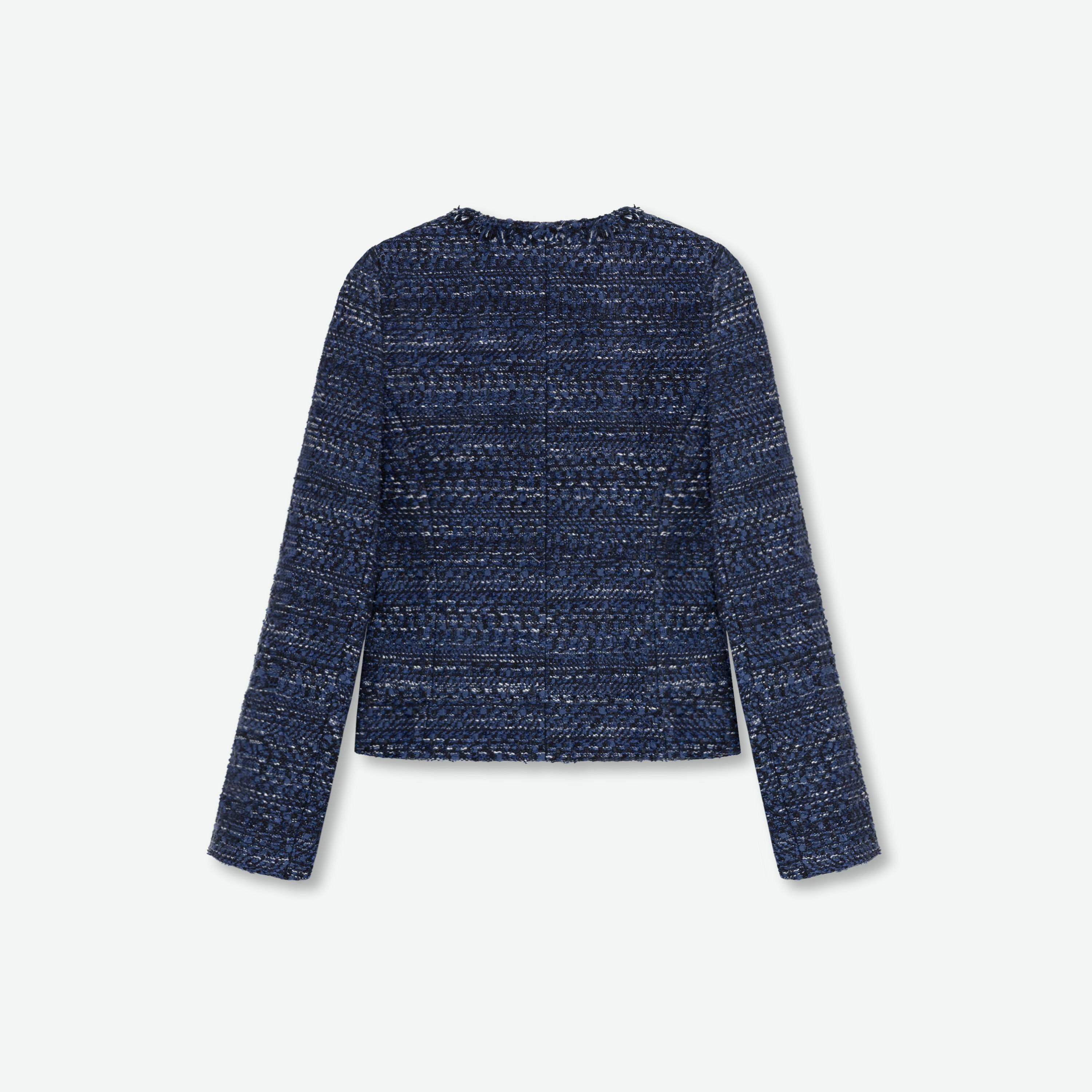 Rene ビジュー ミックスツイード ジップ ノーカラー ジャケット 38 紺 Rene ビジュー ミックスツイード ジップ ノーカラー ジャケット 38 紺